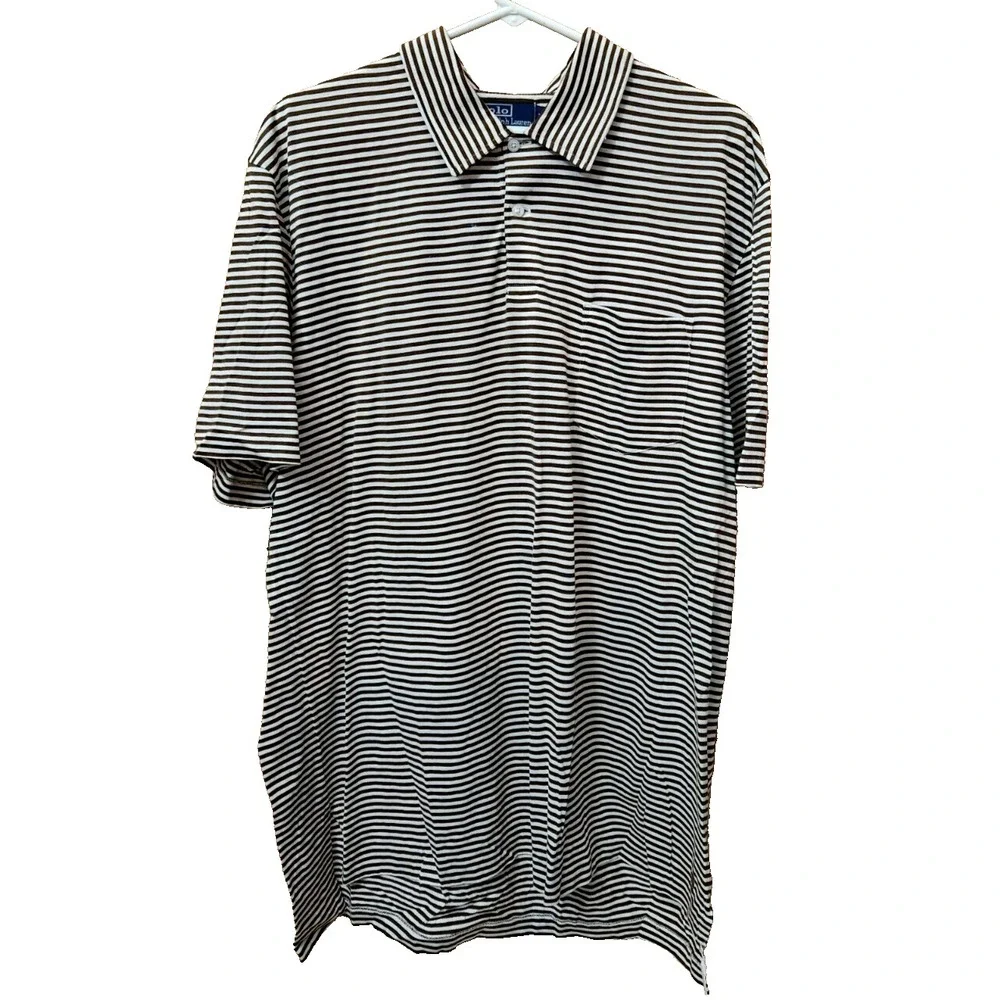 Polo Ralph Lauren Polo Shirt Men's XL Brown White Striped Pima Cotton Pocket